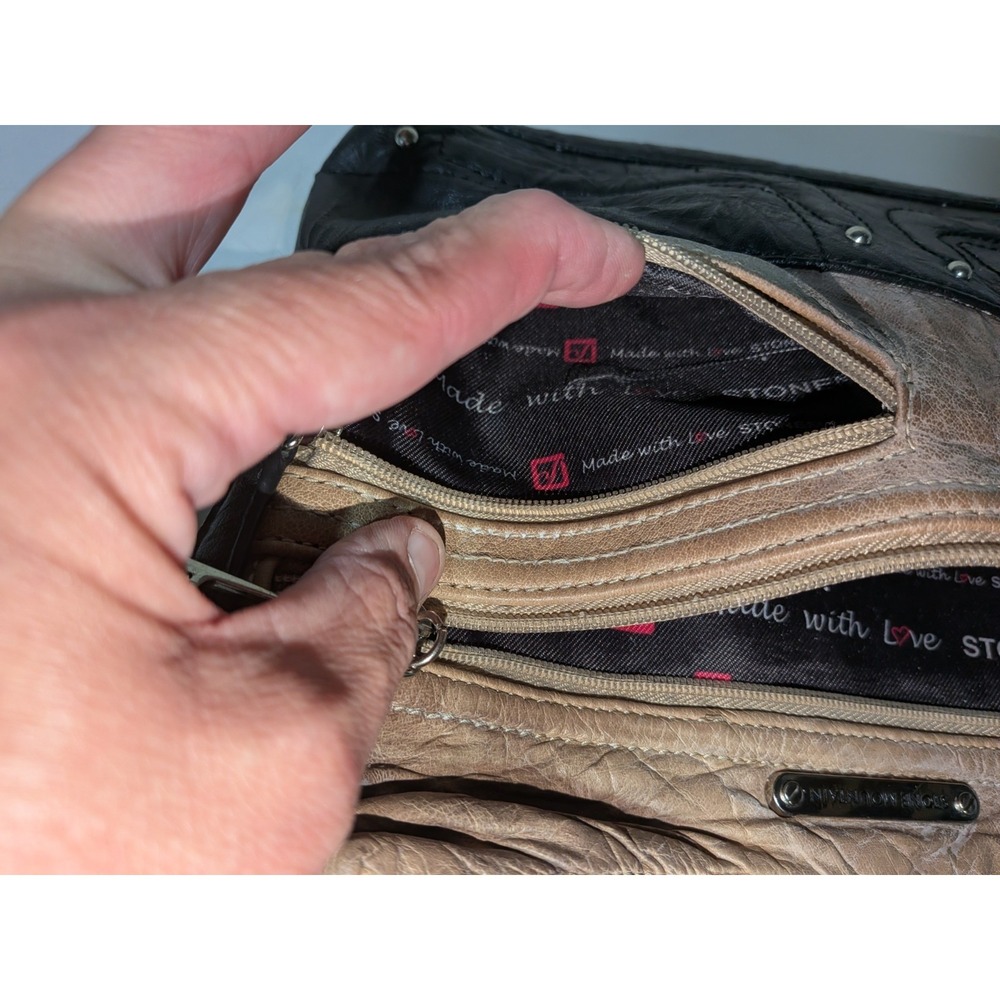 Stone Mountain Colorblock Shoulder Bag Black/Beige Zip Pockets Silver Hardware - Picture 7 of 16